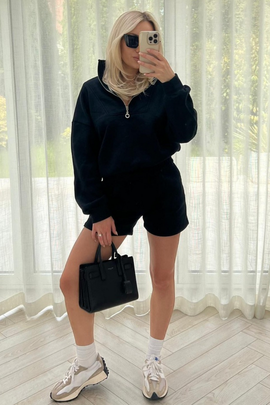 Santa Monica black 1/4 zip back print sweater short set