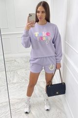 take it easy lilac embroidered sweater short loungewear set