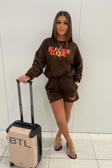 self care clique chocolate brown sweater short loungewear set