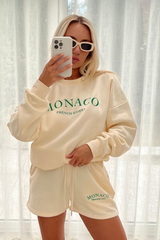 Monaco green embroidered ecru sweater short loungewear set