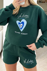 Amalfi Forest Green Sweater Embroidered short loungewear set