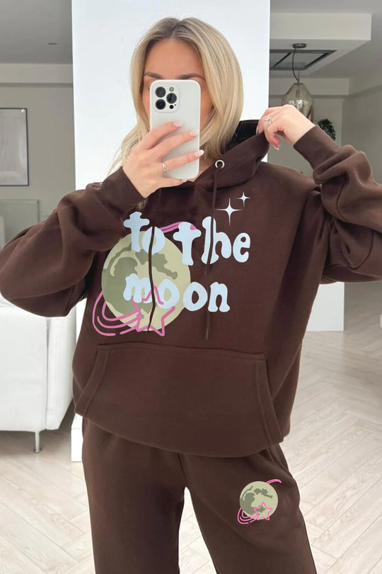 To the moon chocolate printed hooded loungewear set
