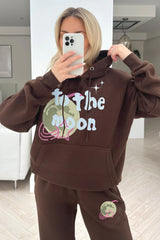 To the moon chocolate printed hooded loungewear set
