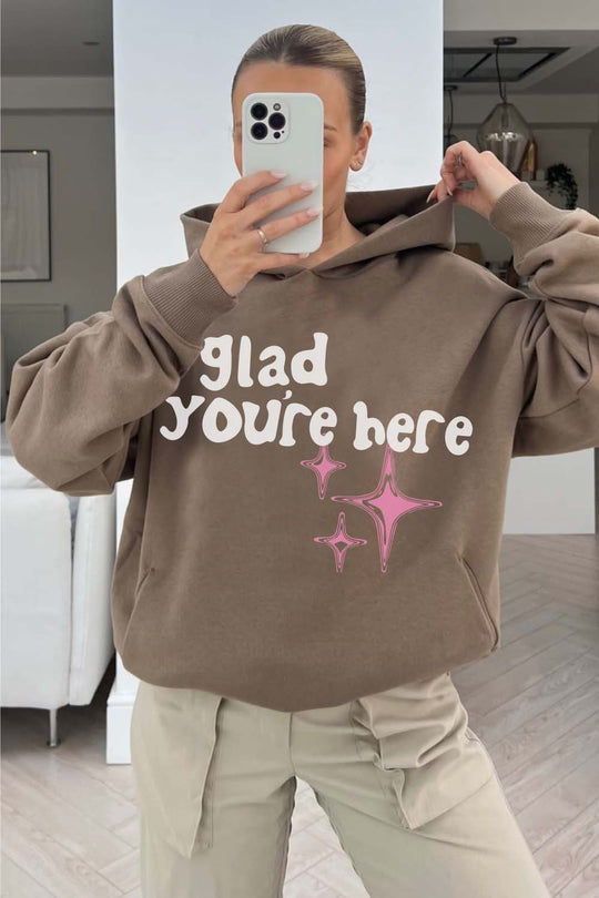 Glad You're Here premium beige printed hoodie