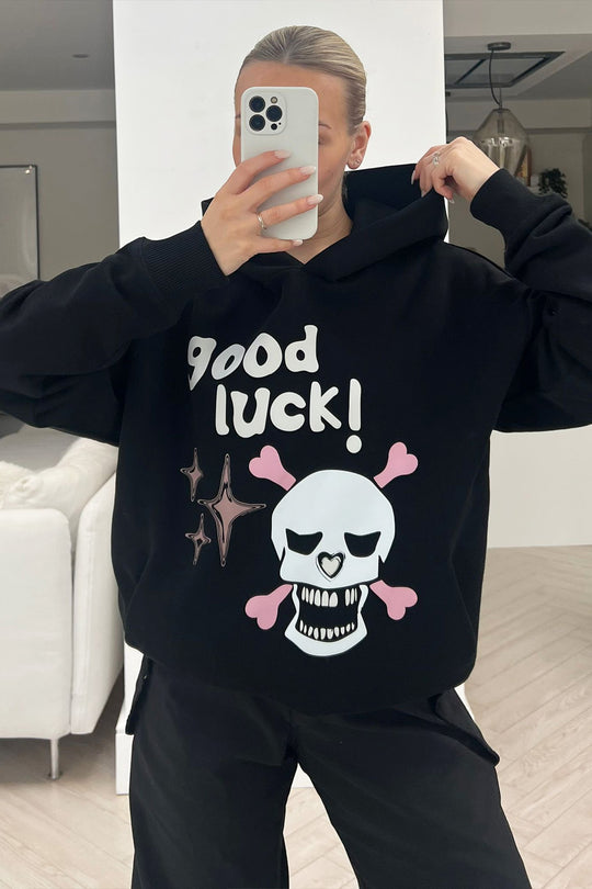 Good Luck Black premium black printed hoodie