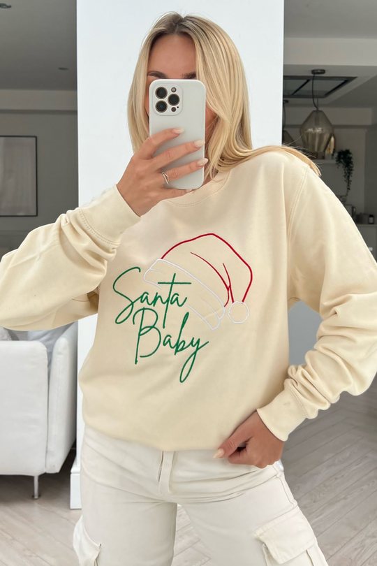 Santa baby ecru embroidered christmas sweater