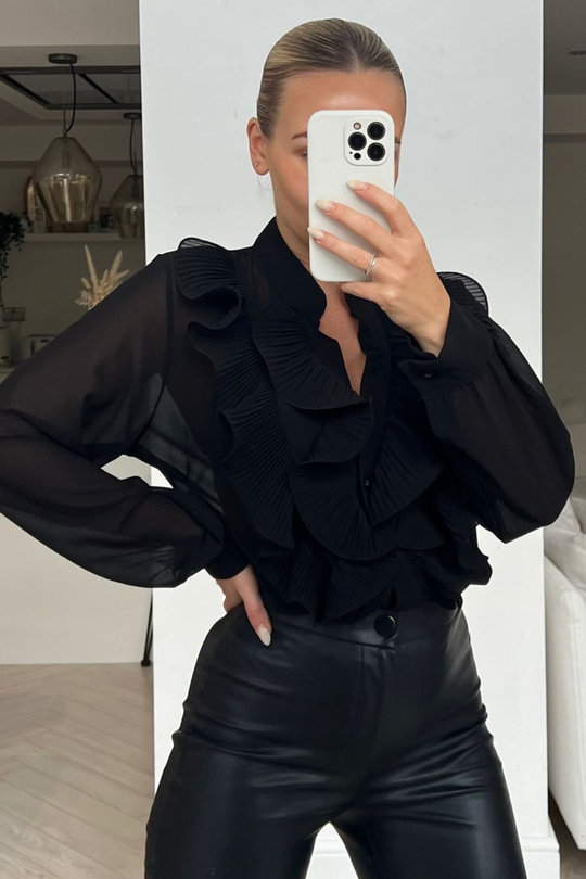 Nina black frill front long sleeve blouse