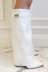 Kimmy white knee high fold over heel boots close up