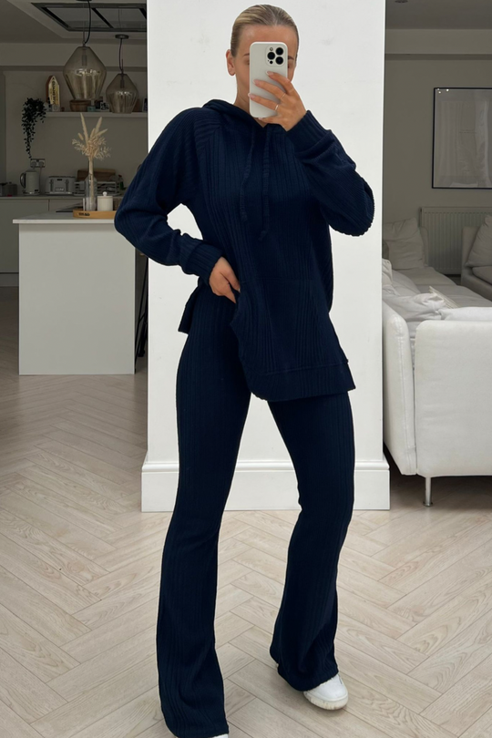 Fifi navy hooded ribbed loungewear set
