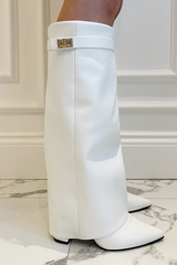 Kimmy white knee high fold over heel boots styled look