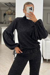 Honey charcoal high neck tie sleeve flared trouser loungewear set
