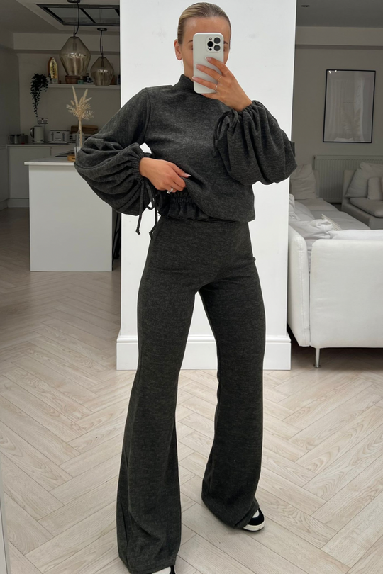 Honey khaki high neck tie sleeve flared trouser loungewear set