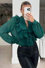 Nina forest green frill front long sleeve blouse