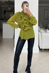 Nina lime green frill front long sleeve blouse