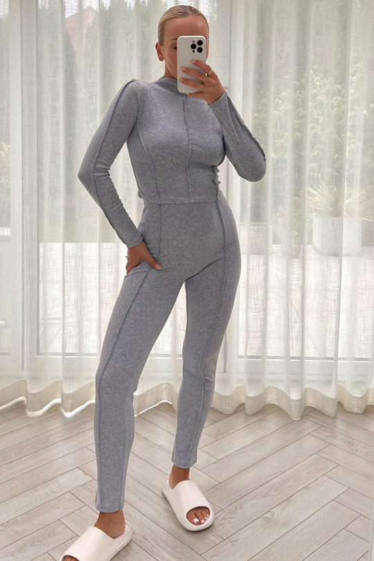 Keevah grey ribbed long sleeve loungewear set