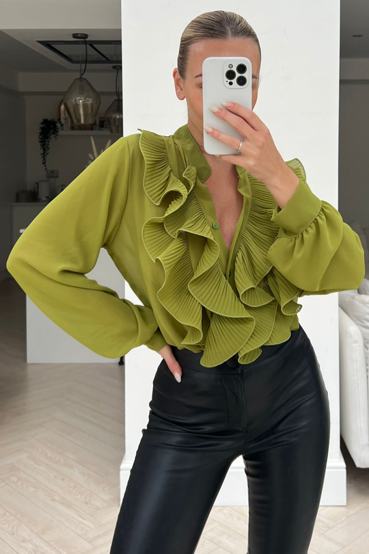 Nina lime green frill front long sleeve blouse