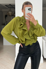Nina lime green frill front long sleeve blouse