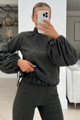 Honey khaki high neck tie sleeve flared trouser loungewear set