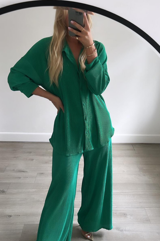 Unaa forest green pleated shirt trouser coord