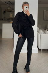 Nina black frill front long sleeve blouse