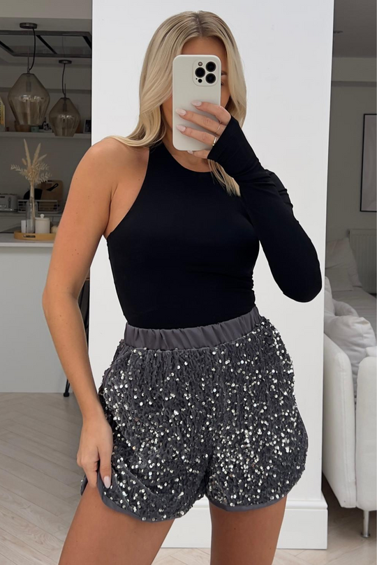 Tanisha Satin Velor Silver Sequin Shorts