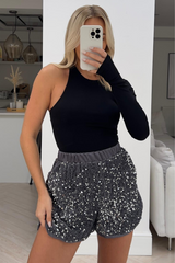 Tanisha Satin Velor Silver Sequin Shorts