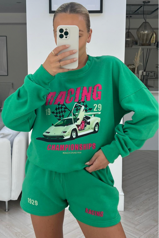 Racing 1929 green printed sweater short co ord
