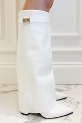 Kimmy white knee high fold over heel boots detail