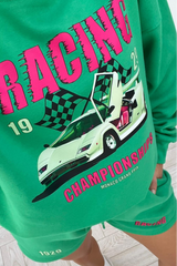 Racing 1929 green printed sweater short co ord