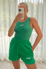 saint love green embroidered bodysuit short coord