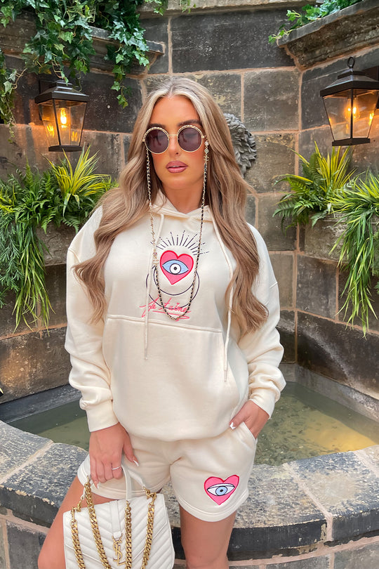 Je Taime Ecru Hoodie Embroidered short loungewear set