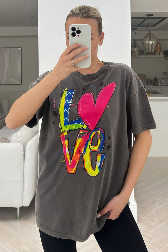 Love acid wash printed tee