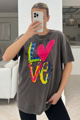 Love acid wash printed tee