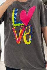 Love acid wash printed tee