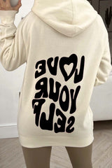 love your self ecru & black printed draw string hoodie