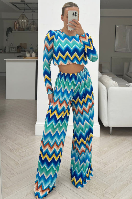 Misa Blue Long Sleeved Flared Leg coord