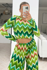 Misa Green Long Sleeved Flared Leg coord