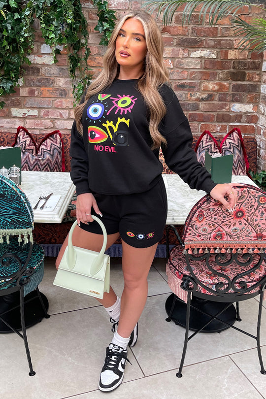 No evil black Printed sweater short loungewear set