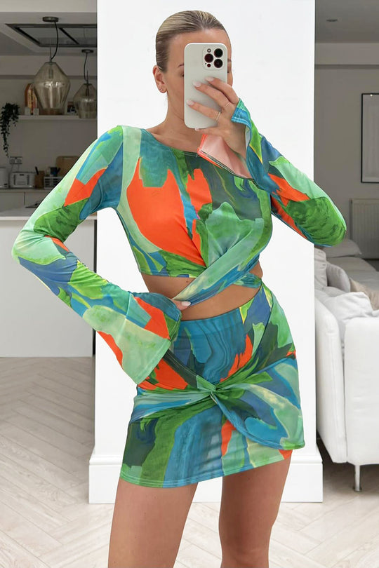 rommie Green & Orange tie waist knot skirt coord