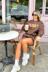 self care clique chocolate brown sweater short loungewear set
