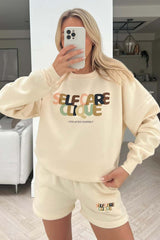 self care clique muted print ecru sweater short loungewear set