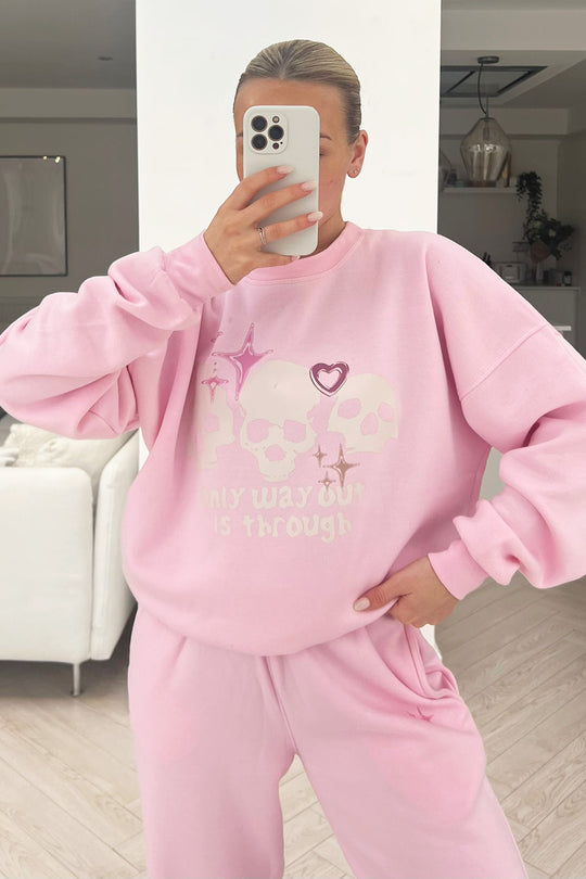 Skull pink printed sweater loungewear set