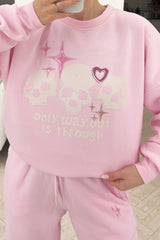 Skull pink printed sweater loungewear set