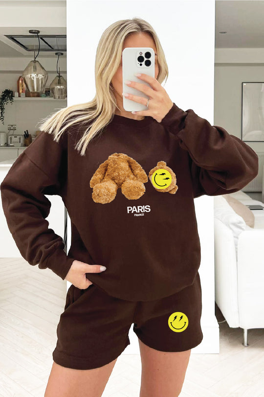 Smiley Teddy Chocolate sweater short loungewear set
