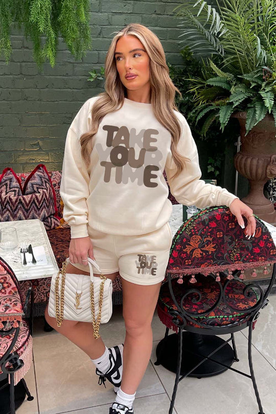 Take Your Time ecru sweater short loungewear set
