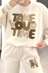 Take your time ecru printed sweater loungewear set