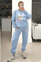 To the moon baby blue printed sweater loungewear set